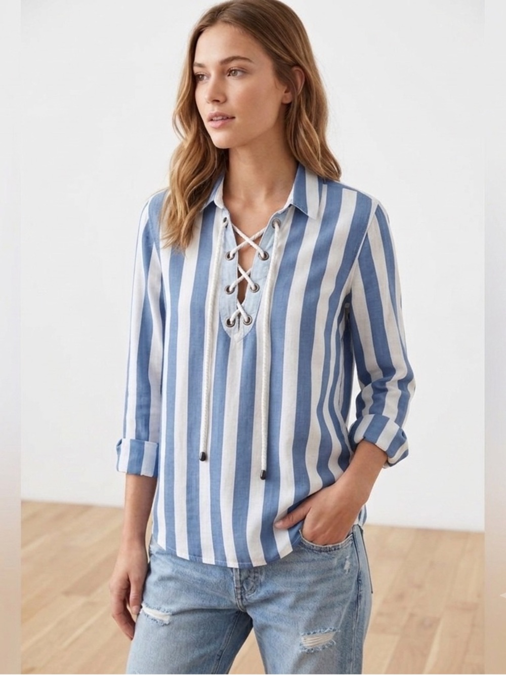 ⁠Rails Striped Lace Up Linen Blend V-Neck Top⁠